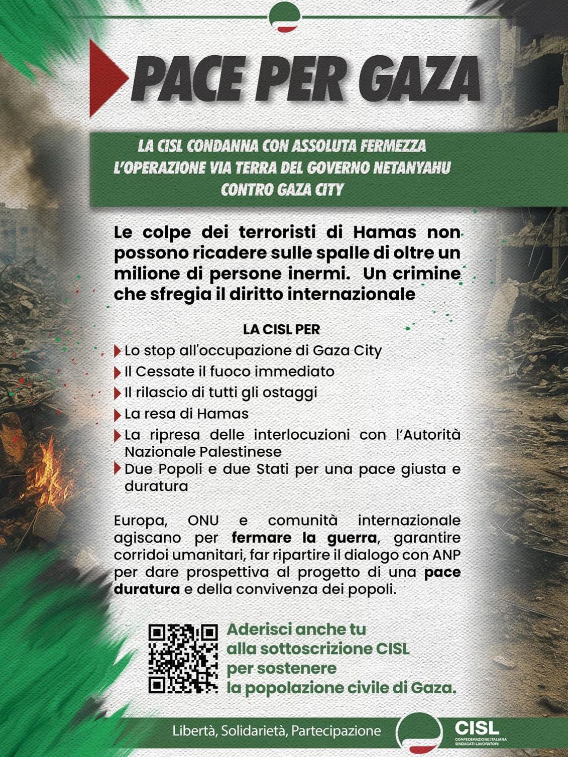 La CISL si mobilita per Gaza: “Basta guerra, serve una soluzione umanitaria”